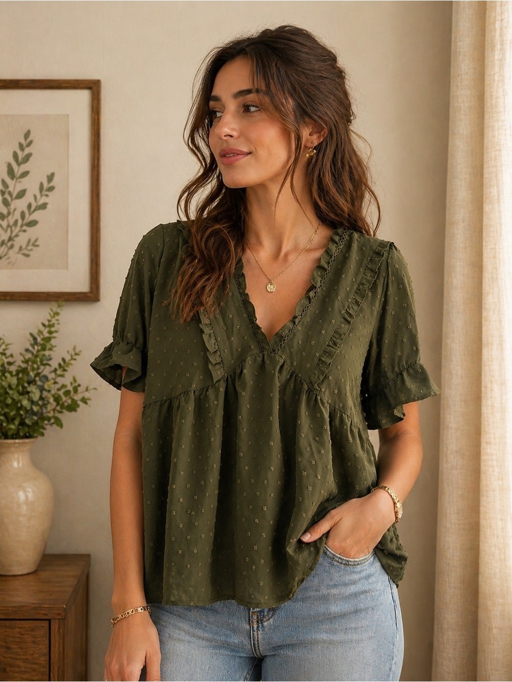 Olive Green V-Neck Swiss Dot Ruffle Sleeve Top - Women